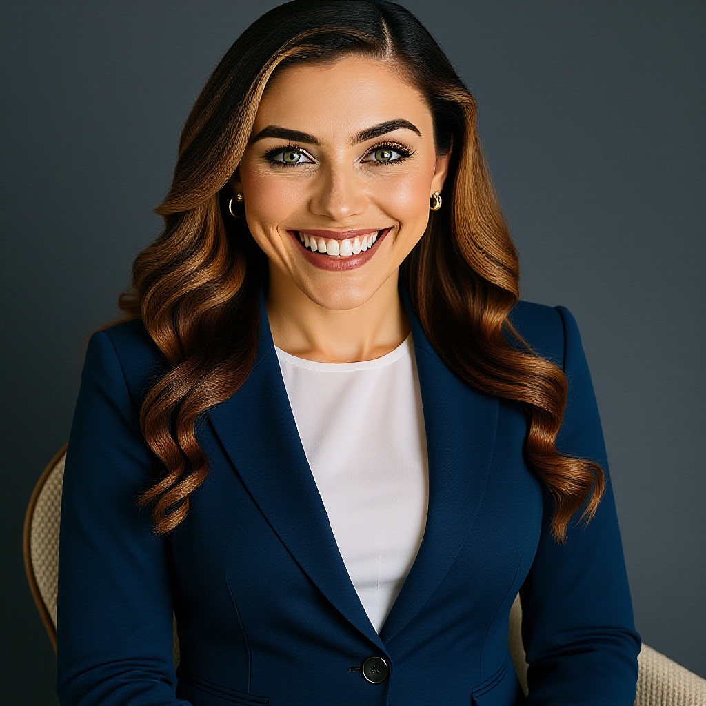 Alicia, a generated avatar with a navy jacket and white top