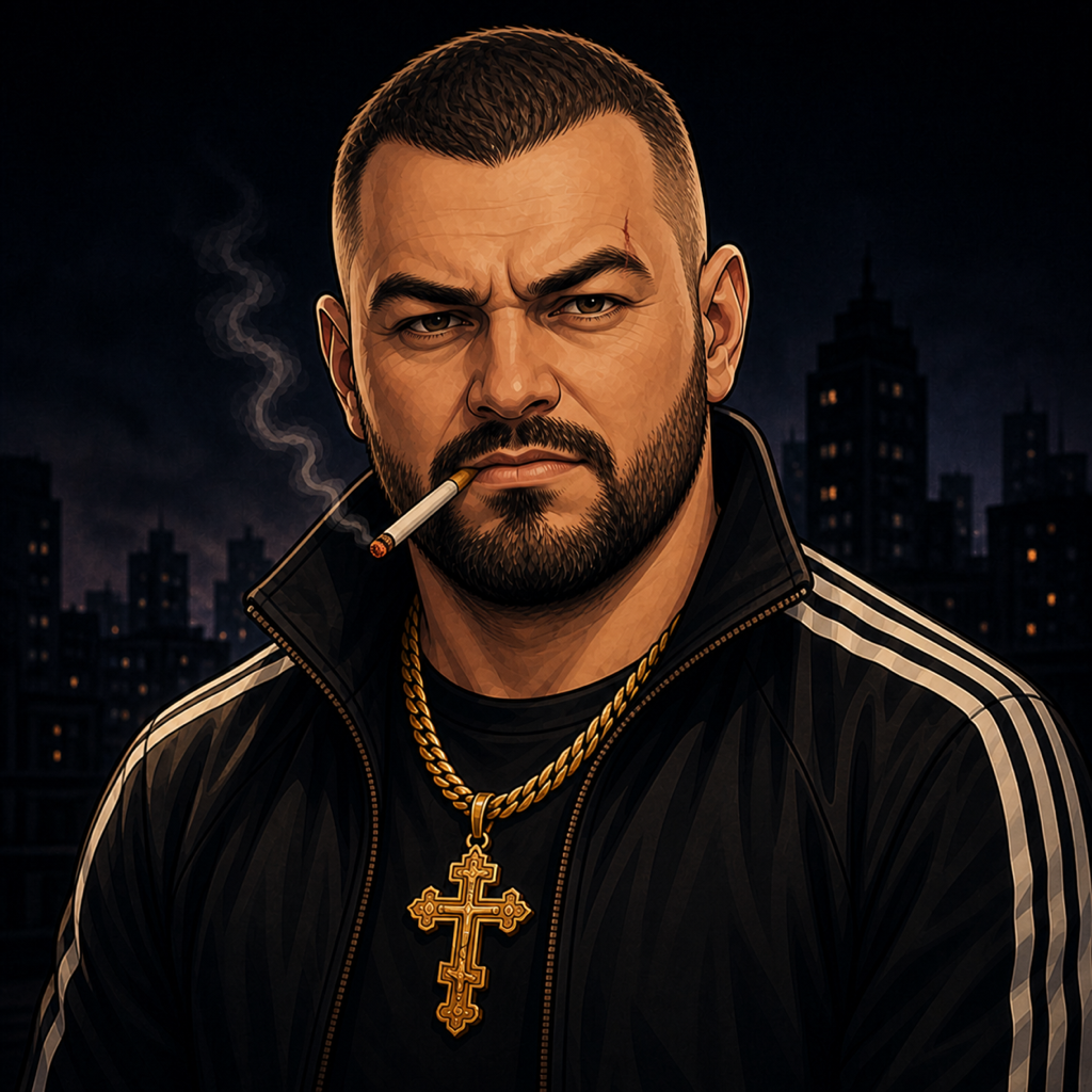 Fictional Vlad Final Boss character in a black tracksuit with a gold chain, cross, and cigarette